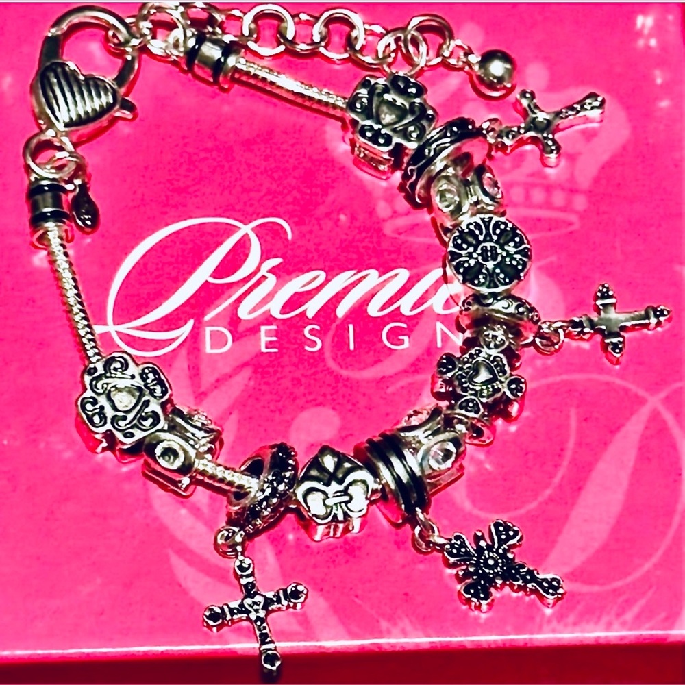 Premier Designs NIB Silver-tone Cross Charms Bracelet w/ Extension Fleur De Lis